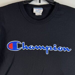 Vintage Champion Heavyweight T-Shirt Mens Spellout Short Sleeve Black Size XXL